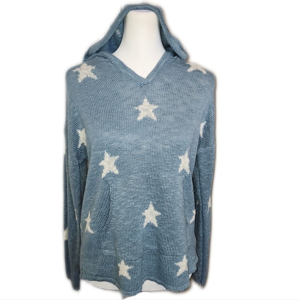 Marled Reunited Clothing Dusty Blue Hooded Sweater, White Stars, Medium